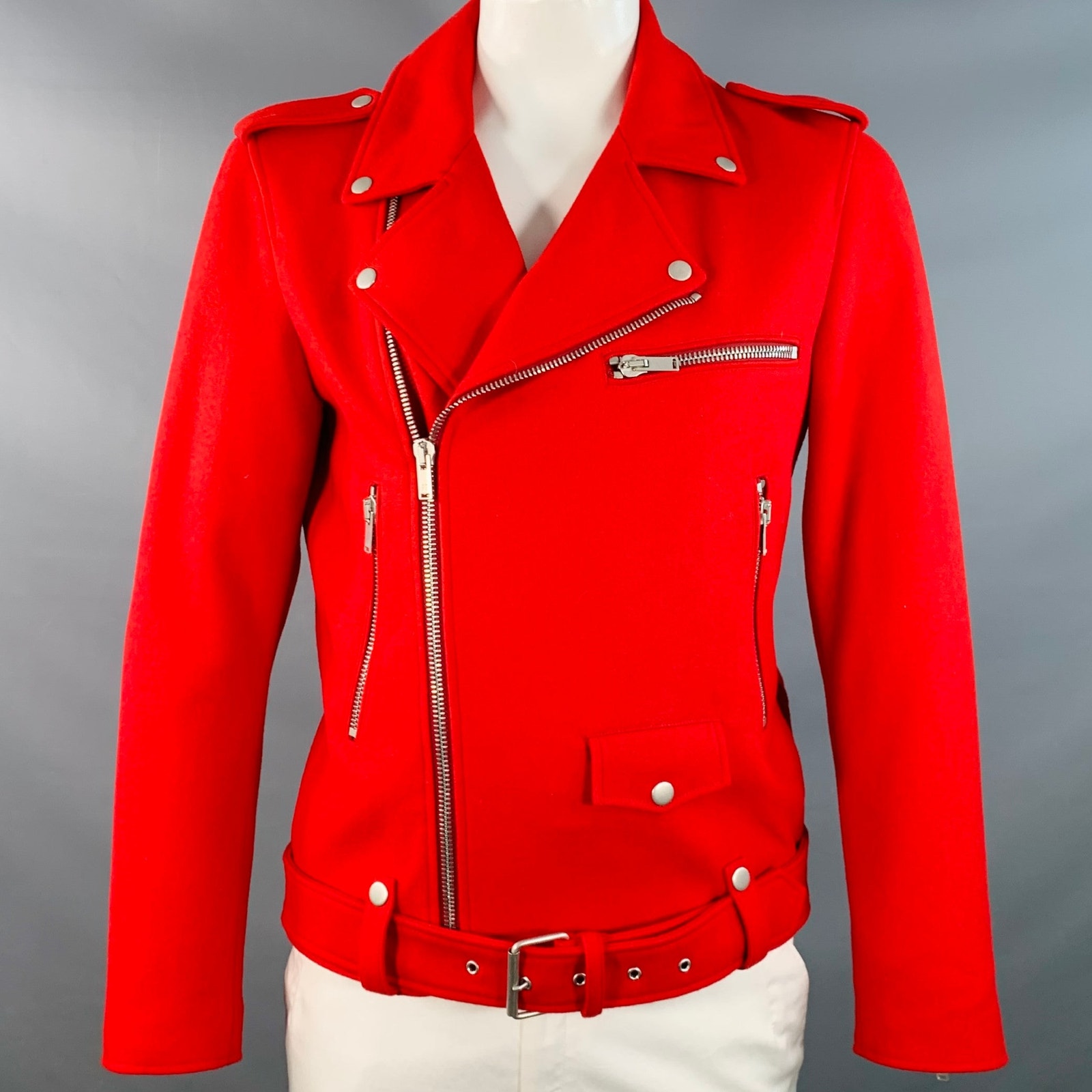 Pt Torino Size 42 Red Wool Belted Zip Up Biker Jacket